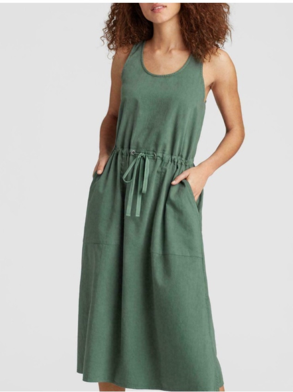 New Eileen Fisher Olive Green Midi Dress M Drawstring Waist Cotton Twill Ptp 19”